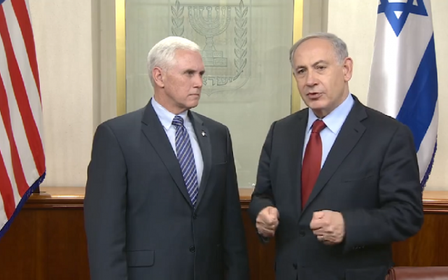 Prime Minister Benjamin Netanyahu (R) meets with US Indiana Governor Mike Pence in Netanyahu's office in Jerusalem on December 29, 2014. (screen capture: Facebook/The Prime Minister of Israel/GPO)