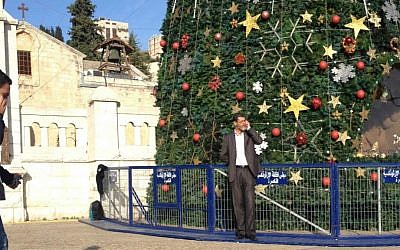 Nazareth's Christmas tree in the city's main plaza, Wednesday, December 17, 2014 (photo credit: Jessica Steinberg/Times of Israel)