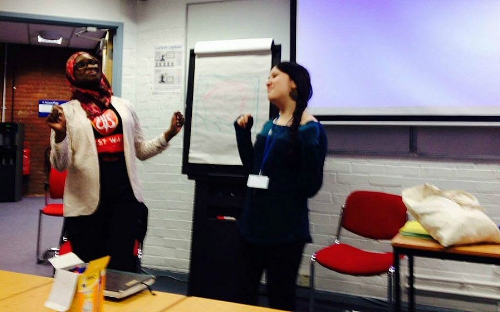Amina Iro and Hannah Halpern 'spinning' words in a Limmud UK workshop (photo credit: Jessica Steinberg/Times of Israel) Amina Iro and Hannah Halpern 'spinning' words in a Limmud UK workshop (photo credit: Jessica Steinberg/Times of Israel)