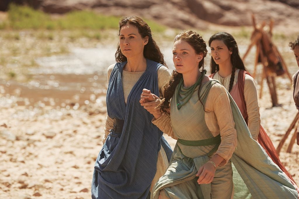Minnie Driver (Leah), left, holding hands with Rebecca Ferguson (Dinah), with Morena Baccarin (Rachel) behind them, from the Lifetime miniseries 'The Red Tent.' (Joey L./Lifetime/JTA) Minnie Driver (Leah), left, holding hands with Rebecca Ferguson (Dinah), with Morena Baccarin (Rachel) behind them, from the Lifetime miniseries 'The Red Tent.' (Joey L./Lifetime/JTA)