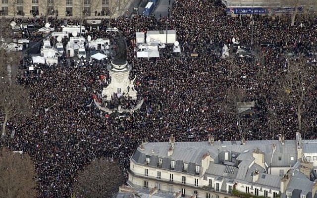 Aerial view taken on January 11, 2015 shows people attending the Unity rally “Marche Republicaine” at the Place de la Republique (Republique's square) in Paris in tribute to the 17 victims of a three-day killing spree by local Islamists. (photo credit: AFP/KENZO TRIBOUILLARD) Aerial view taken on January 11, 2015 shows people attending the Unity rally “Marche Republicaine” at the Place de la Republique (Republique's square) in Paris in tribute to the 17 victims of a three-day killing spree by local Islamists. (photo credit: AFP/KENZO TRIBOUILLARD)