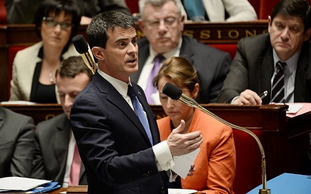 French Prime Minister Manuel Valls answers Members of Parliament's questions during a session of Questions to the Government, on January 21, 2015 at the French National Assembly in Paris. (photo credit: AFP PHOTO / STEPHANE DE SAKUTI) French Prime Minister Manuel Valls answers Members of Parliament's questions during a session of Questions to the Government, on January 21, 2015 at the French National Assembly in Paris. (photo credit: AFP PHOTO / STEPHANE DE SAKUTI)