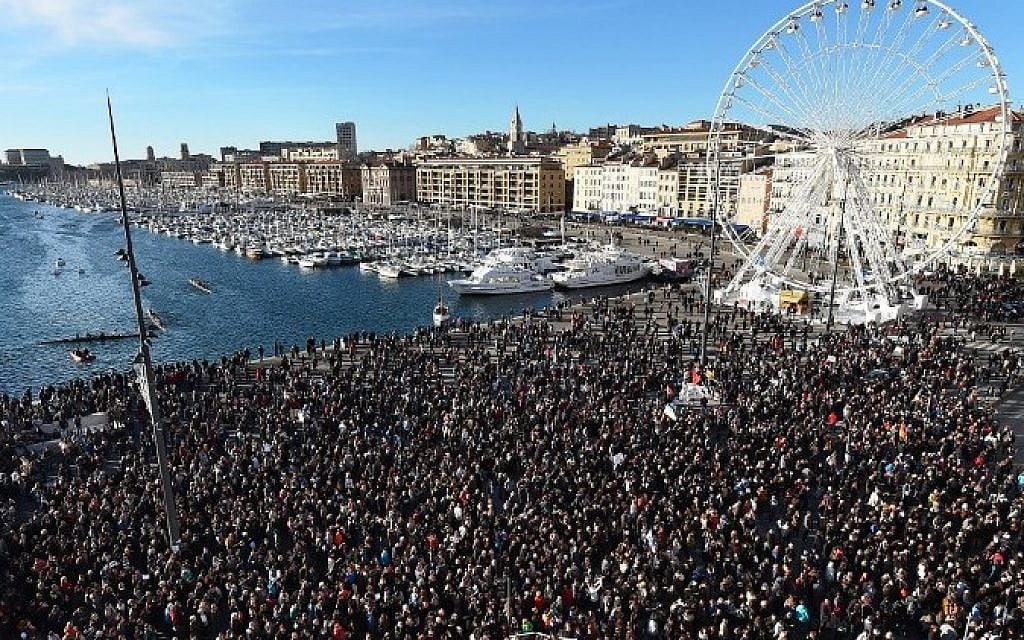 Illustrative: A demonstration attended by an estimated 45,000 on the old harbor in Marseille, southern France,  January 10, 2015. (AFP/Anne -Christine Poujoulat)