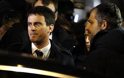 French Prime Minister Manuel Valls a demonstration on January 10, 2015 called by the Jewish Student's Union of France  at the Porte de Vincennes in eastern Paris in homage to the four victims of the January 9 attack on a kosher supermarket. (photo credit: AFP/ KENZO TRIBOUILLARD)