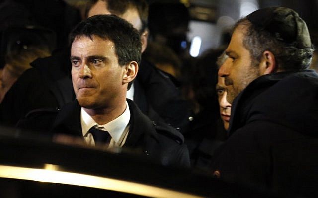French Prime Minister Manuel Valls a demonstration on January 10, 2015 called by the Jewish Student's Union of France at the Porte de Vincennes in eastern Paris in homage to the four victims of the January 9 attack on a kosher supermarket. (photo credit: AFP/ KENZO TRIBOUILLARD) French Prime Minister Manuel Valls a demonstration on January 10, 2015 called by the Jewish Student's Union of France at the Porte de Vincennes in eastern Paris in homage to the four victims of the January 9 attack on a kosher supermarket. (photo credit: AFP/ KENZO TRIBOUILLARD)