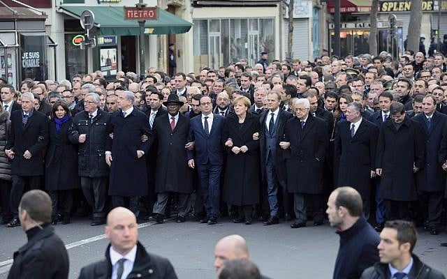 World leaders and local officials marching in Paris on January 11, 2015. (photo credit: AFP/ERIC FEFERBERG) World leaders and local officials marching in Paris on January 11, 2015. (photo credit: AFP/ERIC FEFERBERG)