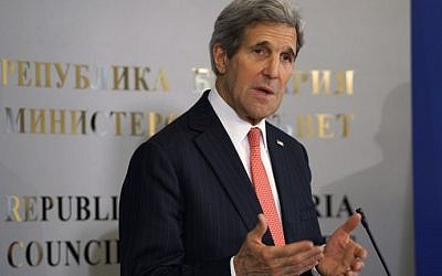 US Secretary of State John Kerry gives a press conference with the Bulgarian prime minister on January 15, 2015. (photo credit: Rick Wilking/AFP) 