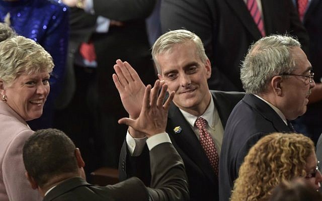 Then White House chief of staff Denis McDonough greets a member of Congress before US President Barack Obama delivers the State of the Union address at the US Capitol in Washington, January 20, 2015. (AFP/Nicholas Kamm) Then White House chief of staff Denis McDonough greets a member of Congress before US President Barack Obama delivers the State of the Union address at the US Capitol in Washington, January 20, 2015. (AFP/Nicholas Kamm)