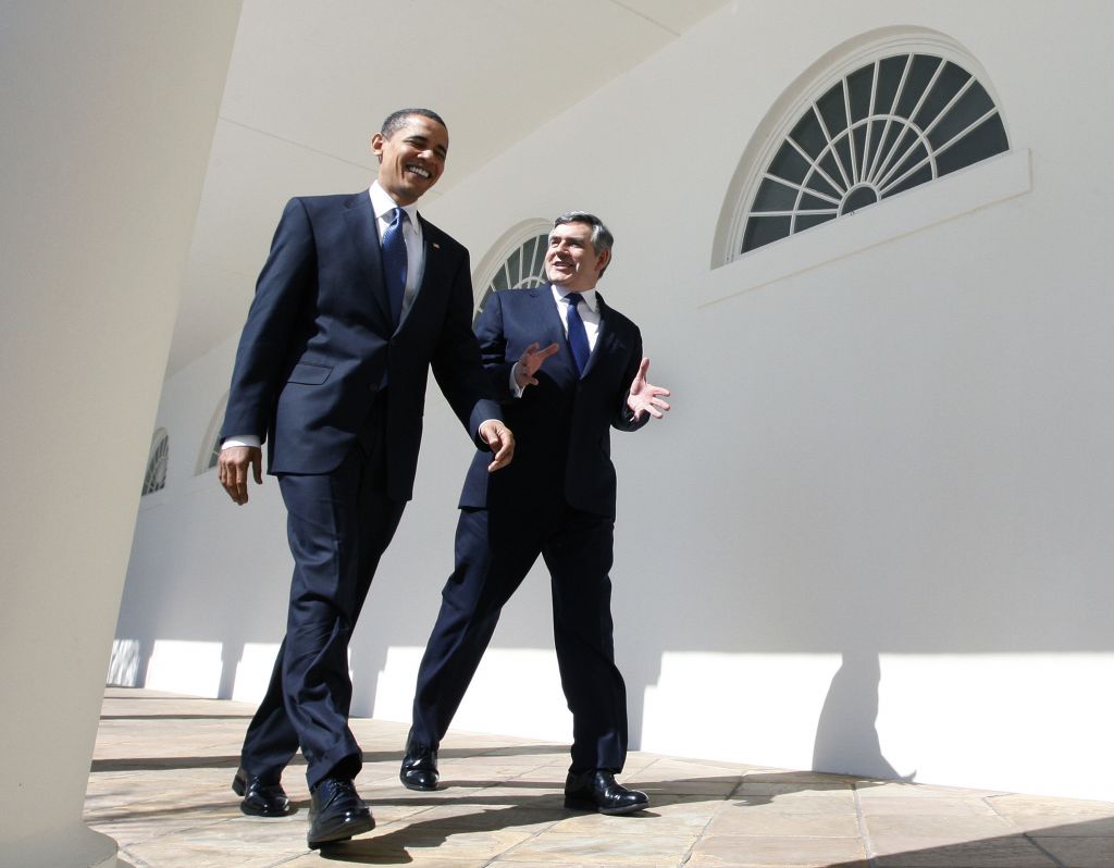 President Barack Obama and British prime minister Gordon Brown walk from the Oval Office of the White House in Washington, March 3, 2009. (photo credit: AP Photo/Ron Edmonds) President Barack Obama and British prime minister Gordon Brown walk from the Oval Office of the White House in Washington, March 3, 2009. (photo credit: AP Photo/Ron Edmonds)