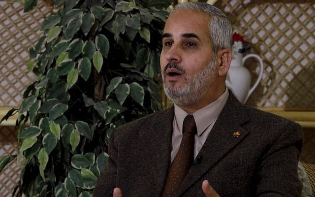 Hamas spokesman Fawzi Barhoum pauses during an interview with The Associated Press in Gaza City, February 7, 2012. (AP/Hatem Mousa)