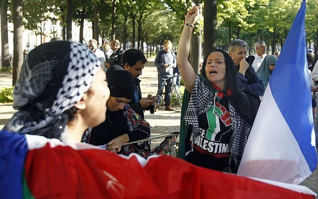 Pro-Palestinian demonstrators chant anti-Israeli slogans at a Paris demonstration, August 20, 2014 (photo credit: AP/Remy de la Mauviniere)
