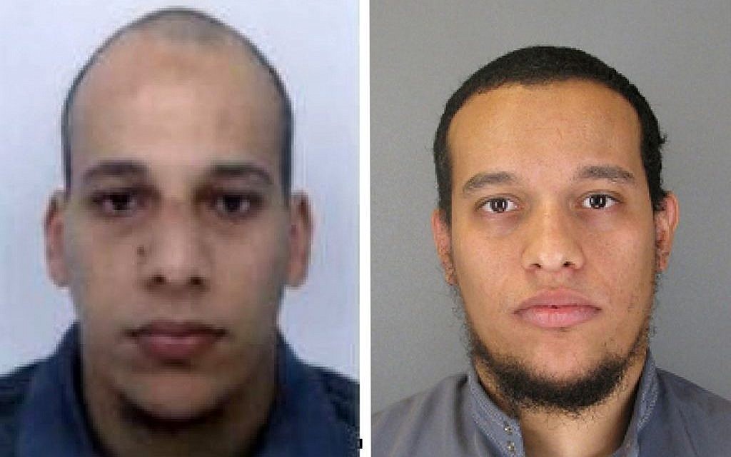 This photo provided by the Paris Police Prefecture Thursday, January 8, 2015, shows the suspects Cherif Kouachi, left, and Said Kouachi. (photo credit: AP/Prefecture de Police de Paris)
