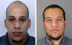 This photo provided by the Paris Police Prefecture Thursday, January 8, 2015, shows the suspects Cherif Kouachi, left, and Said Kouachi. (photo credit: AP/Prefecture de Police de Paris)