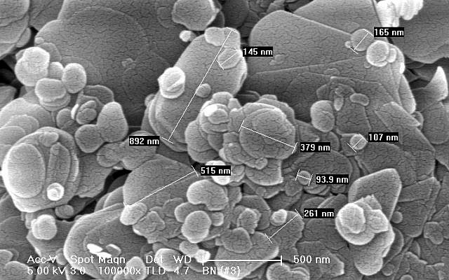 Boron nitride under the microscope. The numbers refer to the nanometer size of each boron nitride particle (Photo credit: Courtesy) Boron nitride under the microscope. The numbers refer to the nanometer size of each boron nitride particle (Photo credit: Courtesy)