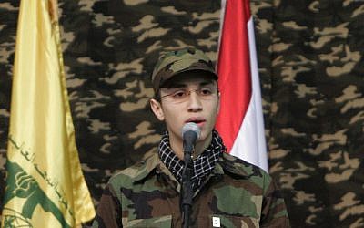 In this picture taken on Feb., 22, 2008, Jihad Mughniyeh speaks during a rally in the Shiite suburb of Beirut, Lebanon. (photo credit: AP/Hussein Malla)