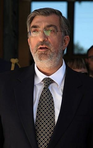 Ambassador of Greece to Israel Spyridon Lampridis sings Israel's national anthem, during a presenting credentials ceremony of new ambassadors to Israel's President Shimon Peres in his residence in Jerusalem, on May 28 2013. (photo credit: Isaac Harari/Flash90)
