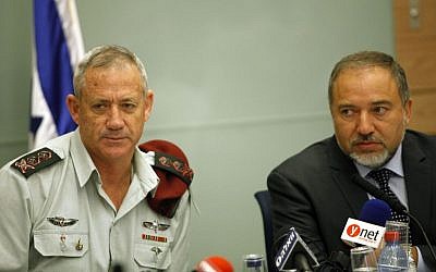 IDF Chief of Staff Benny Gantz with Foreign Minister Avigdor Liberman, at a 2013 Knesset committee meeting (Photo credit: FLASH90) IDF Chief of Staff Benny Gantz with Foreign Minister Avigdor Liberman, at a 2013 Knesset committee meeting (Photo credit: FLASH90)