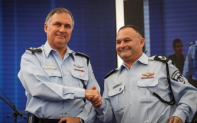 Then-Israel Police Commissioner Yohanan Danino (left) and then Deputy Commissioner Nissim Mor at a ceremony for officers receiving new ranks, at the Police headquarters in Jerusalem, September 22, 2014. (photo credit: Flash90) Then-Israel Police Commissioner Yohanan Danino (left) and then Deputy Commissioner Nissim Mor at a ceremony for officers receiving new ranks, at the Police headquarters in Jerusalem, September 22, 2014. (photo credit: Flash90)