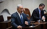 Prime Minister Benjamin Netanyahu speaks in front of the Knesset on November 26, 2014 (photo credit: Miriam Alster/FLASH90)