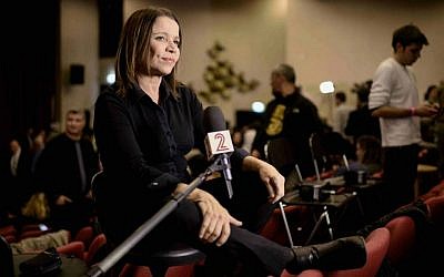 Labor MK Shelly Yachimovich during a TV interview following the announcement of the Labor primary results, January 14, 2015. (Tomer Neuberg/Flash90)