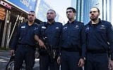 Officers from the Israeli Prison Services who shot and captured the terrorist in Tel Aviv. They and others are being hailed as heroes in the Israeli press (photo credit; mir Levy/Flash90)