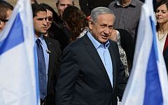 Prime Minister Benjamin Netanyahu seen at a cornerstone laying ceremony for a new neighborhood in the southern Israeli town of Sderot. January 28, 2015. (Photo credit: Kobi Gideon / GPO)