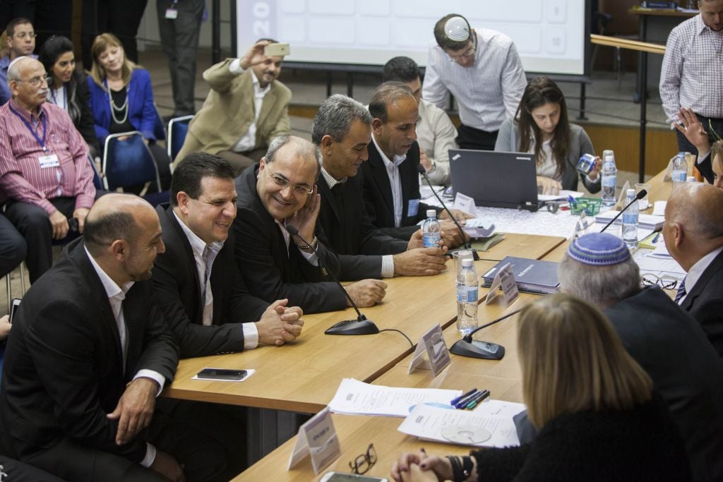 Leaders of the new united Arab list register for the March 2015 elections. January 28, 2015. (Photo credit: Yonatan Sindel/Flash90) Leaders of the new united Arab list register for the March 2015 elections. January 28, 2015. (Photo credit: Yonatan Sindel/Flash90)
