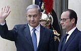 French President Francois Hollande (right) and Prime Minister Benjamin Netanyahu pose for photographers at the Elysee Palace, Paris, Sunday, Jan. 11, 2015. (AP/Thibault Camus)