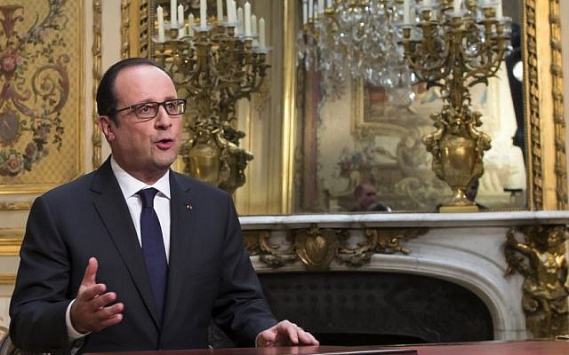 French President Francois Hollande, poses after addressing his New Year's wishes to the nation during a pre-recorded broadcast speech at the Elysee Palace, in Paris, Wednesday, Dec. 31, 2014. (Photo credit: AP/Ian Langsdon, Pool) French President Francois Hollande, poses after addressing his New Year's wishes to the nation during a pre-recorded broadcast speech at the Elysee Palace, in Paris, Wednesday, Dec. 31, 2014. (Photo credit: AP/Ian Langsdon, Pool)