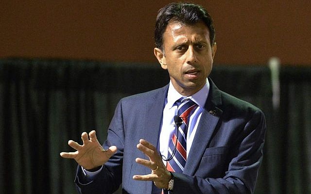 In this October, 2014 file photo, Louisiana Gov. Bobby Jindal speaks in Louisville, Ky. Jeb Bush and Mitt Romney are getting most of the attention in the early days of the Republican race for president. But as they court the party’s elite donors, some potential 2016 candidates who are to the right are just as eagerly chasing early support among evangelicals and social conservatives. (photo credit: AP Photo/Timothy D. Easley)