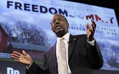 Ben Carson speaks during the Freedom Summit, Saturday, Jan. 24, 2015, in Des Moines, Iowa. (AP Photo/Charlie Neibergall)