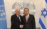 Reuven Rivlin, left, meeting Ban Ki-moon in New York on January 26, 2015. (photo credit: Mark Neyman/GPO)