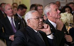 Former secretary of state and joint-chief-of-staff Colin Powell (C) with outgoing IDF Chief of General Staff Lt-Gen. Benny Gantz, at the Israeli embassy in Washington, January 7, 2015 (photo credit: Foreign Ministry)