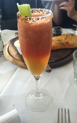 Meshek Barzilay's salt-infused Bloody Mary, a flavorful feat (photo credit: Rebecca Wojno/Times of Israel) Meshek Barzilay's salt-infused Bloody Mary, a flavorful feat (photo credit: Rebecca Wojno/Times of Israel)
