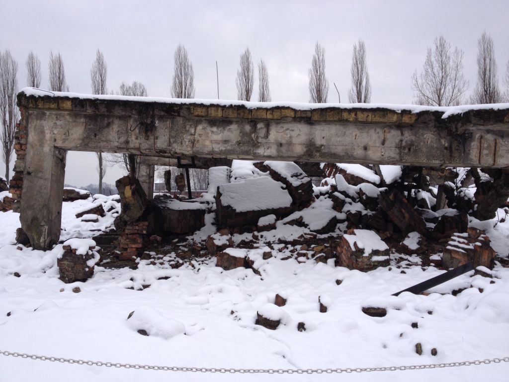 The bombed out remains of Crematorium 1 at Auschwitz-Birkenau, destroyed by the Nazis prior to the Death March retreat. (Amanda Borschel-Dan/The Times of Israel) 