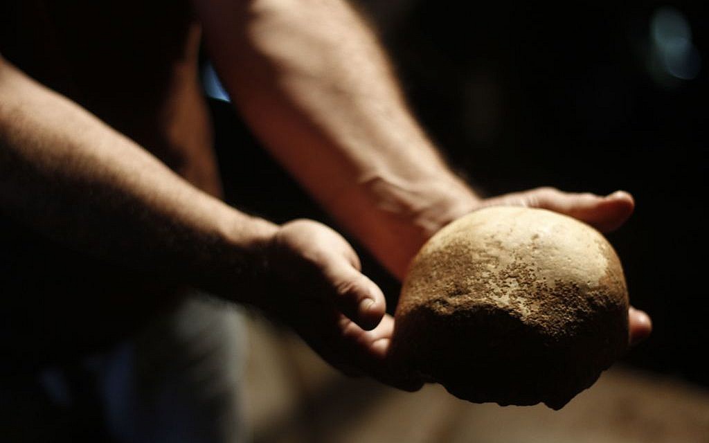 A skull fragment found at the Manot Cave in northern Israel belonging to the oldest known anatomically modern human who migrated out of Africa (Judah Ari Gross/Times of Israel staff) A skull fragment found at the Manot Cave in northern Israel belonging to the oldest known anatomically modern human who migrated out of Africa (Judah Ari Gross/Times of Israel staff)