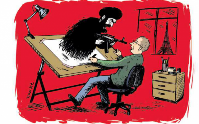 Guy Morad's political cartoon in Yedioth Ahronoth on Thursday, January 8, 2015, shows an armed Islamist with a striking resemblance to Islamic State leader Abu Bakr al-Baghdadi springing from a cartoonist's drafting table in Paris
