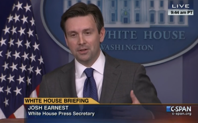 Josh Earnest at the White House press briefing, January 23, 2015 (C-Span screenshot) Josh Earnest at the White House press briefing, January 23, 2015 (C-Span screenshot)