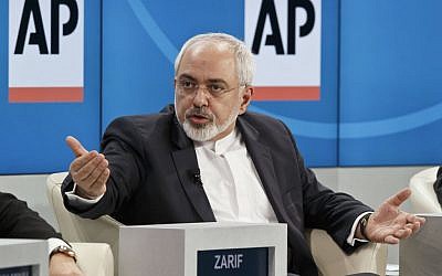 Iranian Foreign Minister Mohammad Javad Zarif, gestures as he speaks during a panel discussion "The Geopolitical Outlook" at the World Economic Forum, Friday, Jan. 23, 2015. (photo credit: AP Photo/Michel Euler) Iranian Foreign Minister Mohammad Javad Zarif, gestures as he speaks during a panel discussion "The Geopolitical Outlook" at the World Economic Forum, Friday, Jan. 23, 2015. (photo credit: AP Photo/Michel Euler)