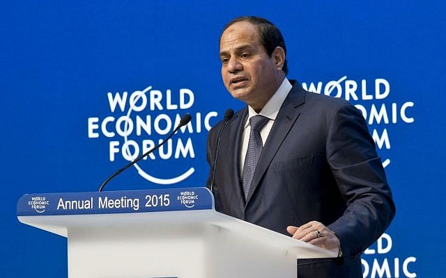 Egyptian President Abdel-Fattah el-Sissi speaks during the panel "Egypt in the World" at the World Economic Forum in Davos, Switzerland, Thursday, Jan. 22, 2015. The meeting runs from Jan. 21 through Jan. 24. (photo credit: AP/Michel Euler)