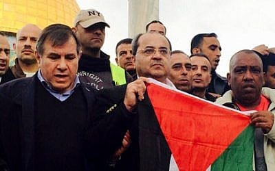 Ahmad Tibi holds a Palestinian flag atop the Temple Mount, January 3, 2015 (photo credit: Channel 2 / Tamar Abidat) Ahmad Tibi holds a Palestinian flag atop the Temple Mount, January 3, 2015 (photo credit: Channel 2 / Tamar Abidat)