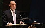 Israel's Ambassador Ron Prosor addresses the United Nations General Assembly, Thursday, Jan. 22, 2015. The U.N. General Assembly held its first-ever meeting devoted to anti-Semitism in response to a global increase in violence against Jews. (Photo credit: AP/Richard Drew)