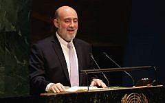 Israel's Ambassador Ron Prosor addresses the United Nations General Assembly, January 22, 2015. (photo credit: AP/Richard Drew)