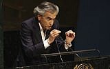 French Jewish philosopher Bernard-Henri Levy addresses a special session of the United Nations General Assembly on anti-Semitism, January 22, 2015 (AP/Richard Drew)