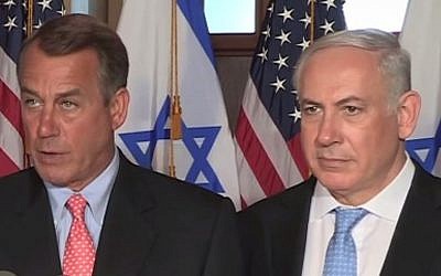 Speaker of the US House of Representatives John Boehner (left) and Prime Minister Benjamin Netanyahu (right) in 2011 (photo credit: YouTube screen capture)