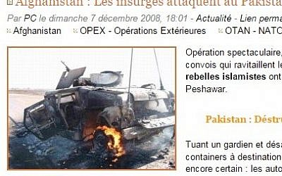 An army jeep hit in Afghanistan, the picture which was used by Hezbollah, allegedly of an IDF jeep attacked near the Lebanon border. (Photo credit: Screen capture)