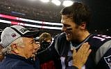 New England Patriots quarterback Tom Brady and owner Robert Kraft are all smiles after beating the Indianapolis Colts, January 2015. (Elsa/Getty Images/via JTA)