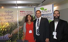 (L to R) Nitza Kardish, CEO, Trendlines Agtech, joins Guy Malchi, Strategy & Business Development, and Yaniv Kitron, CEO, in the EdenShield booth at the ABIM agricultural technology show in Basel, Switzerland last October (Photo credit: Courtesy)