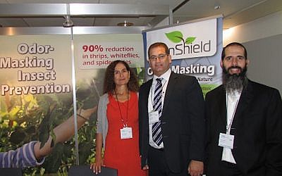 (L to R) Nitza Kardish, CEO, Trendlines Agtech, joins Guy Malchi, Strategy & Business Development, and Yaniv Kitron, CEO, in the EdenShield booth at the ABIM agricultural technology show in Basel, Switzerland last October (Photo credit: Courtesy)