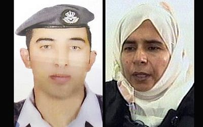 This combination of two photographs shows the detail of a poster of an undated photograph of Jordanian pilot Lt. Muath al-Kaseasbeh, left, used during a demonstration calling for his release from the Islamic State group, and a still image from video, right, of Sajida al-Rishawi, an Iraqi woman sentenced to death in Jordan for her involvement in a 2005 terrorist attack on a hotel that killed 60 people. (photo credit: AP Photo) This combination of two photographs shows the detail of a poster of an undated photograph of Jordanian pilot Lt. Muath al-Kaseasbeh, left, used during a demonstration calling for his release from the Islamic State group, and a still image from video, right, of Sajida al-Rishawi, an Iraqi woman sentenced to death in Jordan for her involvement in a 2005 terrorist attack on a hotel that killed 60 people. (photo credit: AP Photo)